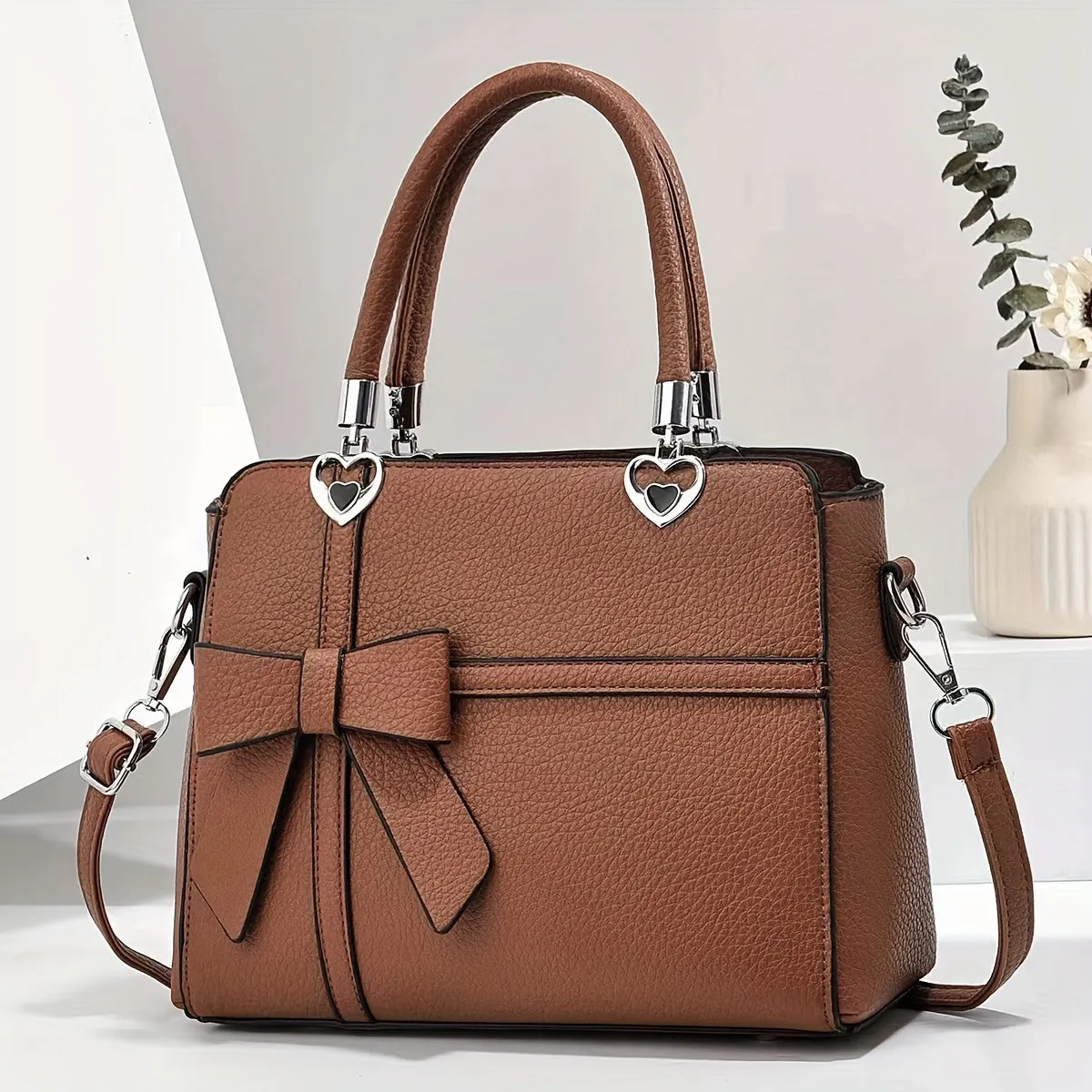 Elegant Women's Tote Bag with Bowknot Design - Chic Faux Leather Shoulder & Crossbody Handbag, Detachable Strap, Zip Closure