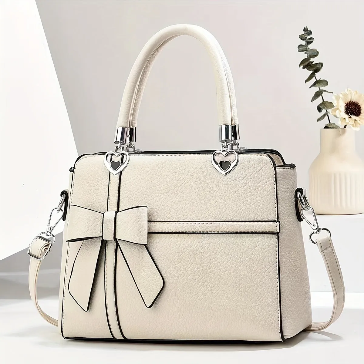 Elegant Women's Tote Bag with Bowknot Design - Chic Faux Leather Shoulder & Crossbody Handbag, Detachable Strap, Zip Closure