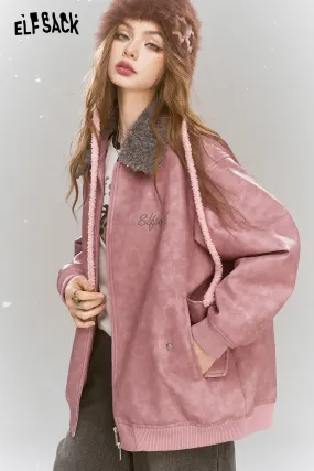 ELFSACK 2024 Winter New Arrivals Sweet and cool pink PU warm jacket faux fur collar contrast color leather jacket