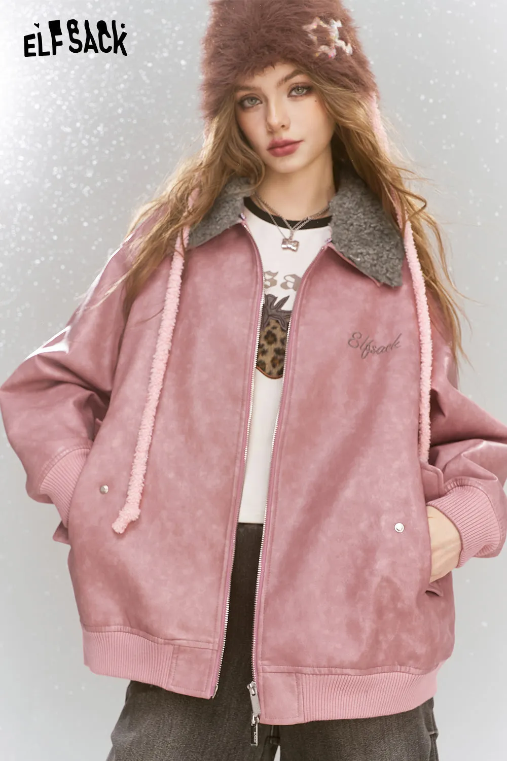 ELFSACK 2024 Winter New Arrivals Sweet and cool pink PU warm jacket faux fur collar contrast color leather jacket