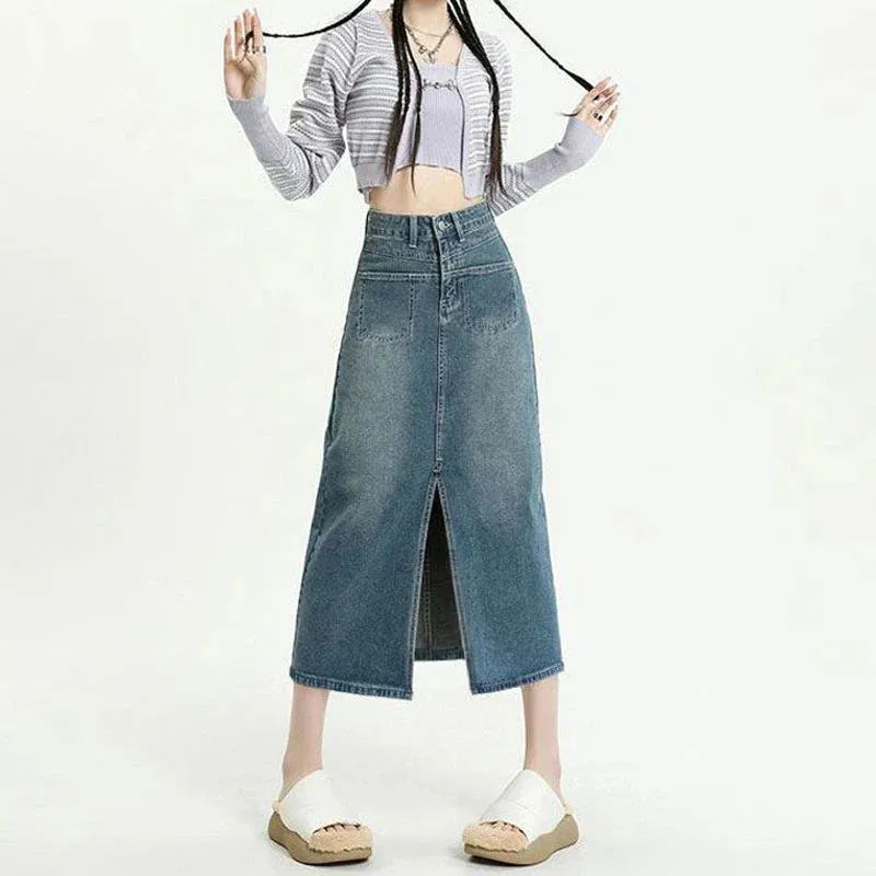 Female 2024 New High Waisted Package Hip Half-Body Skirt Jeans