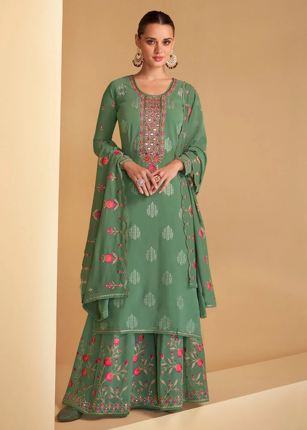 Festive Look Green Floral Embroidered Palazzo Style Suit