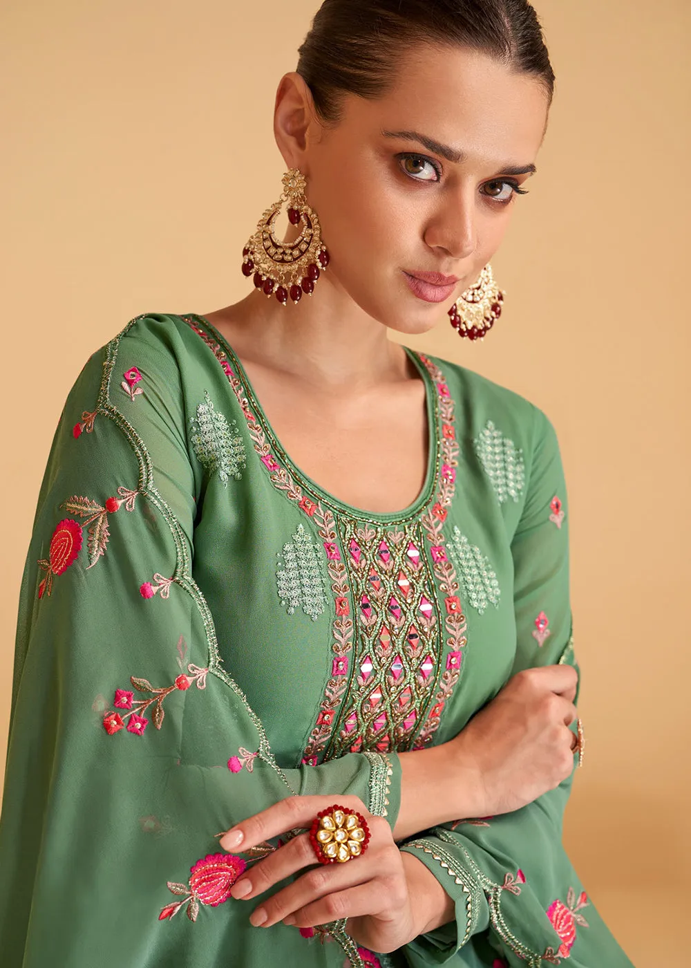 Festive Look Green Floral Embroidered Palazzo Style Suit