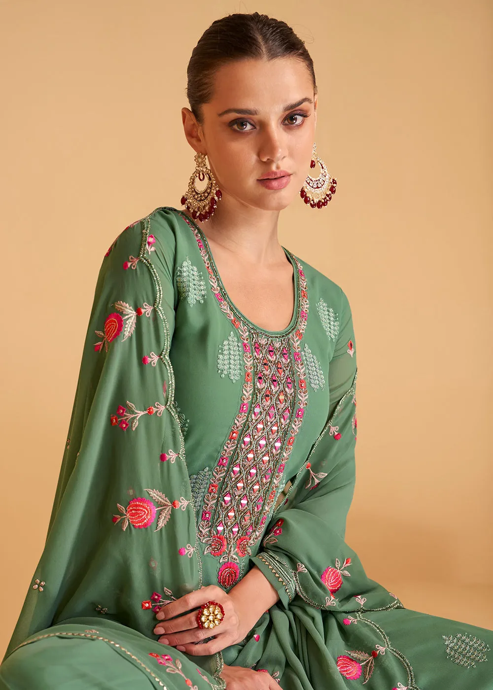 Festive Look Green Floral Embroidered Palazzo Style Suit