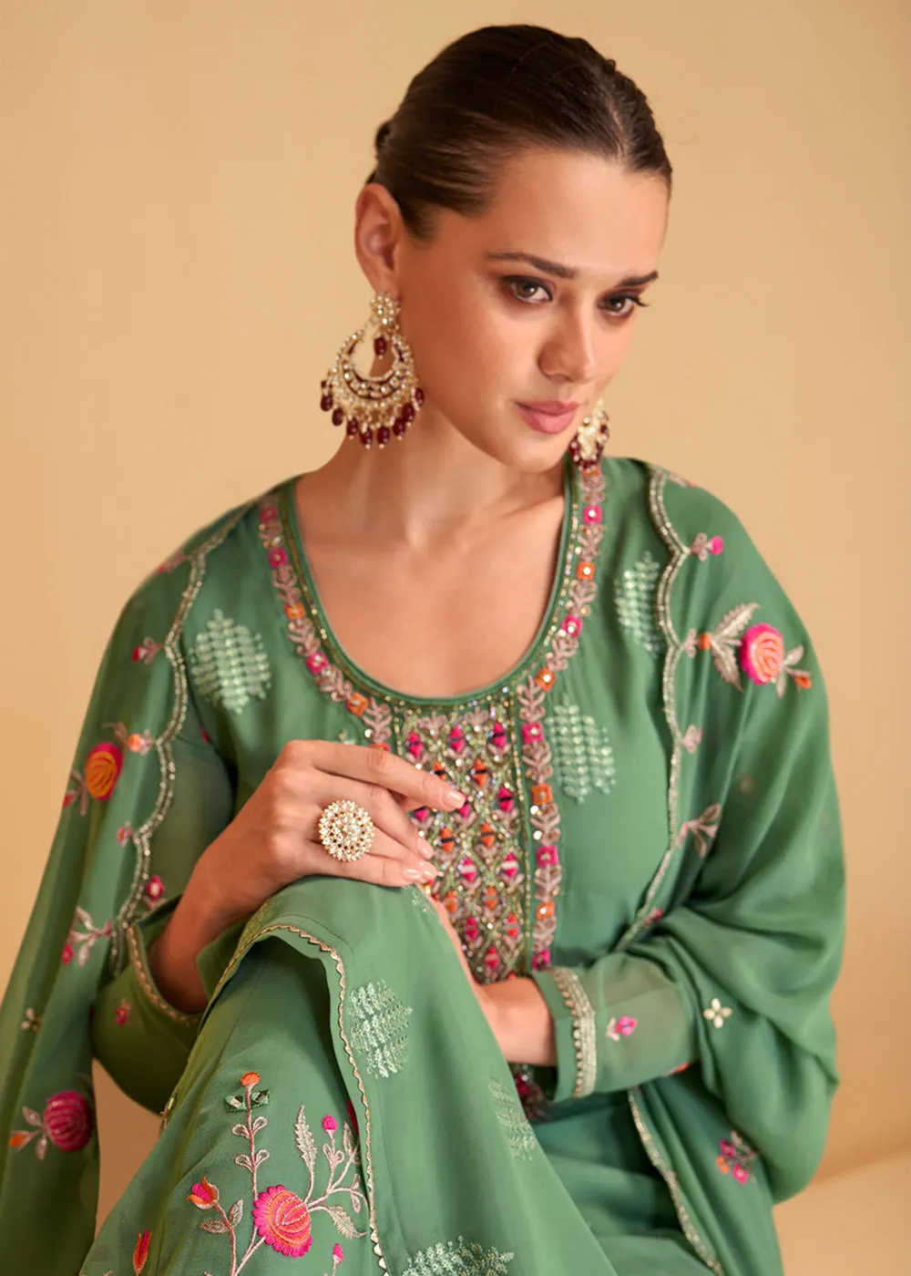 Festive Look Green Floral Embroidered Palazzo Style Suit