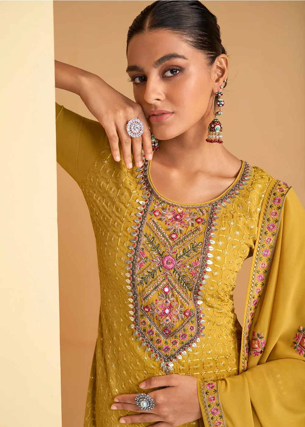 Festive Look Yellow Floral Embroidered Palazzo Style Suit