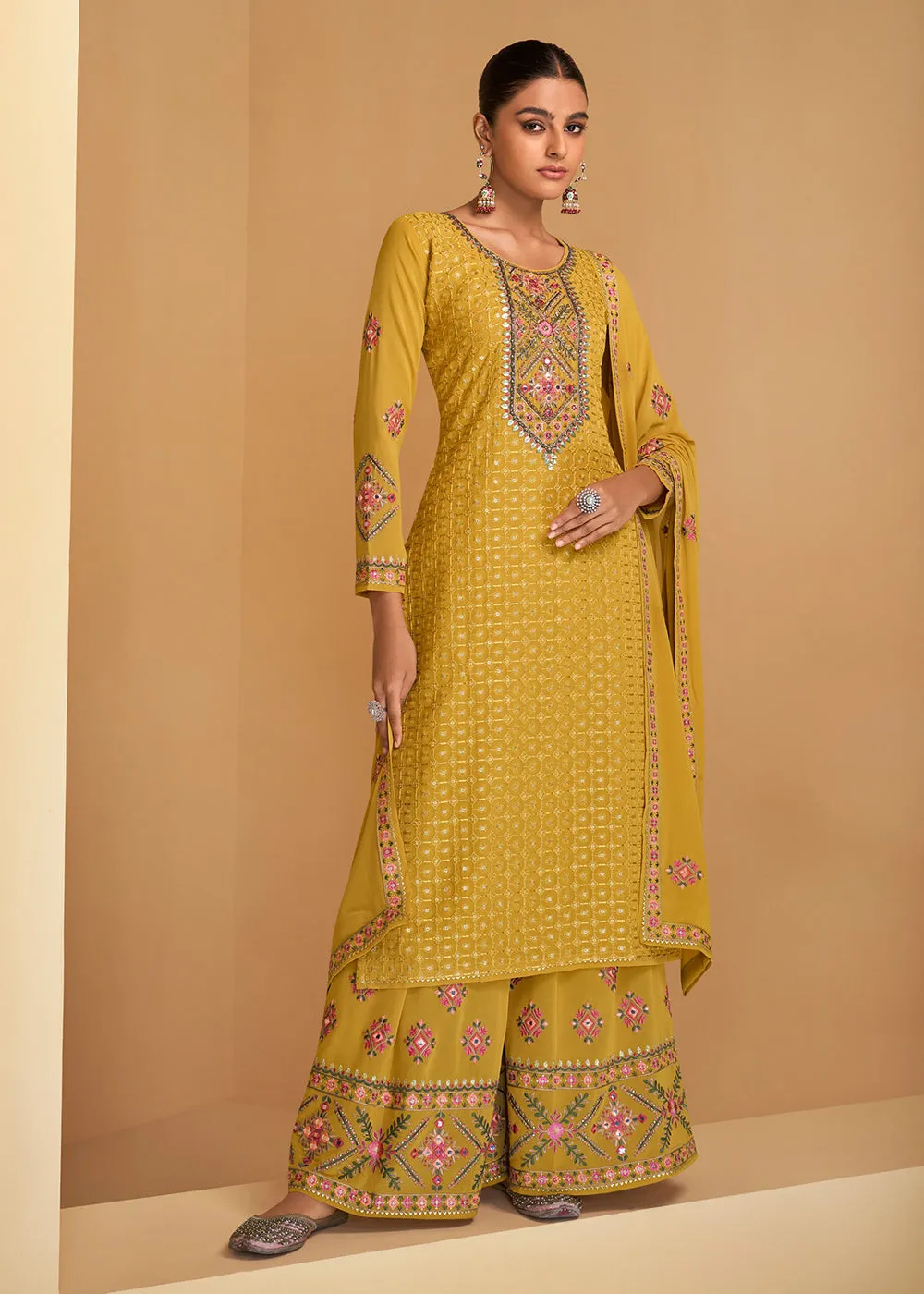 Festive Look Yellow Floral Embroidered Palazzo Style Suit