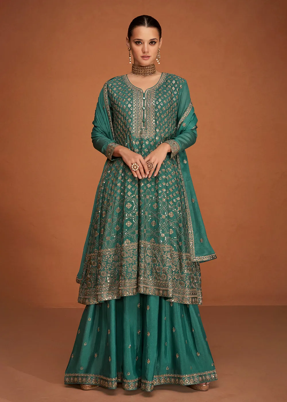 Festive Party Emphatic Sage Green Embroidered Chinon Silk Sharara Suit