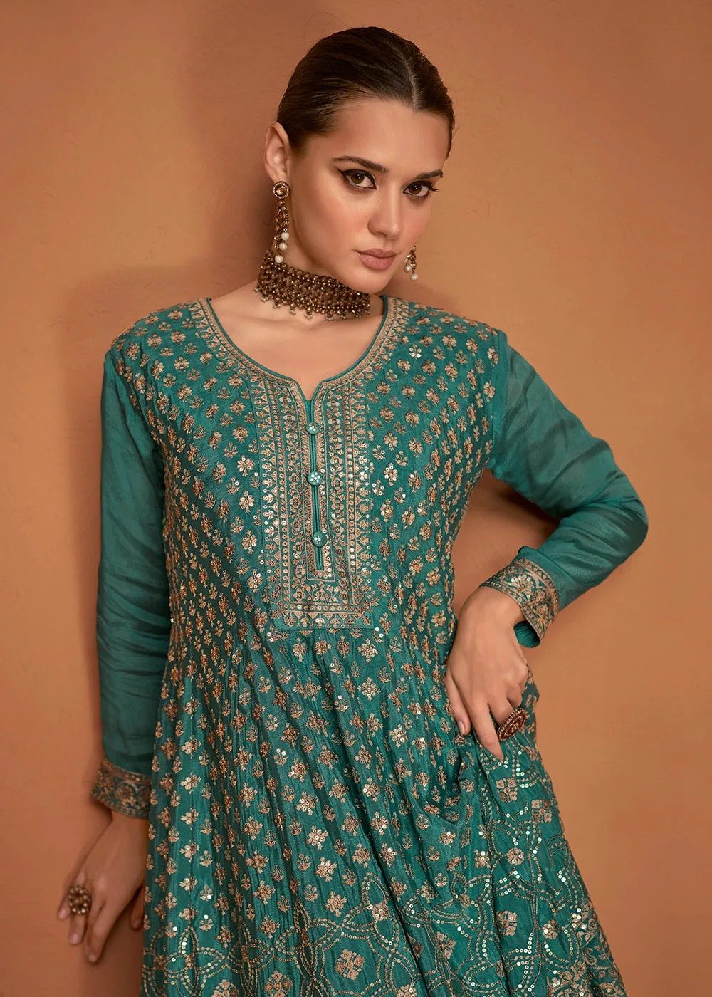 Festive Party Emphatic Sage Green Embroidered Chinon Silk Sharara Suit