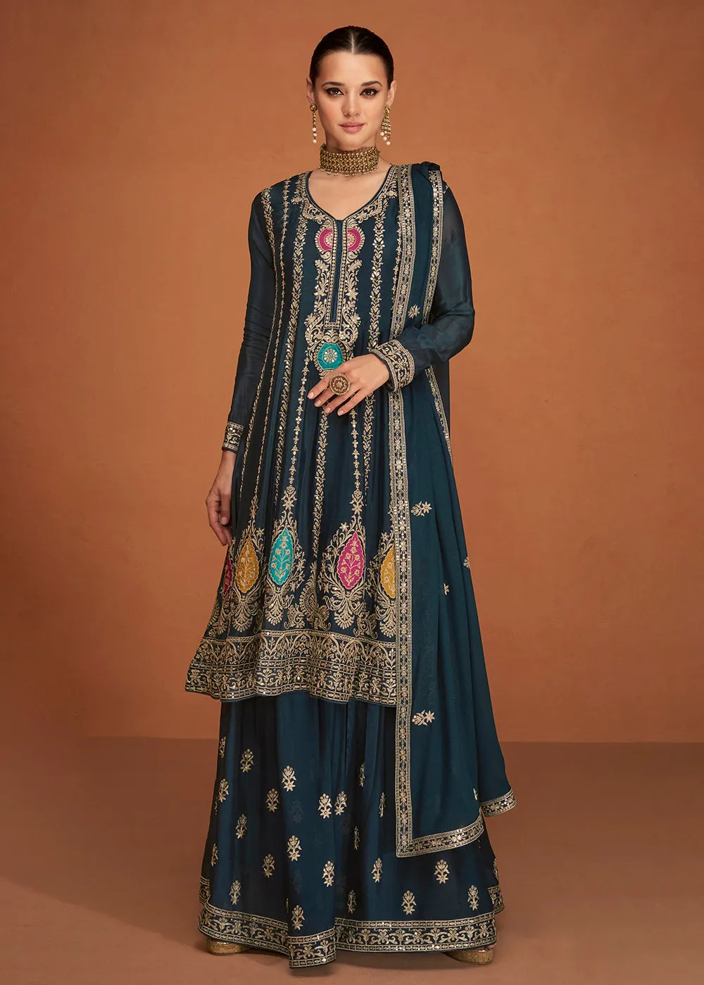 Festive Party Turquoise Blue Embroidered Chinon Silk Sharara Suit