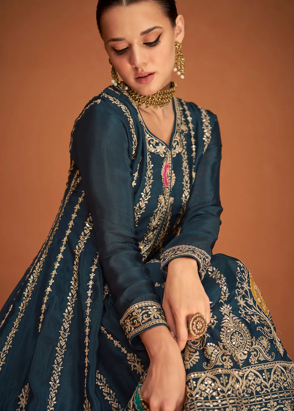 Festive Party Turquoise Blue Embroidered Chinon Silk Sharara Suit