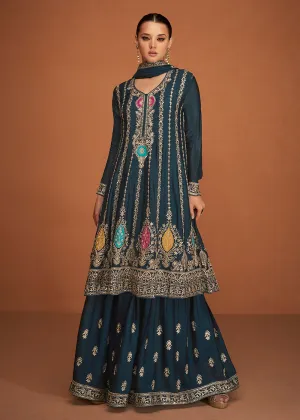 Festive Party Turquoise Blue Embroidered Chinon Silk Sharara Suit