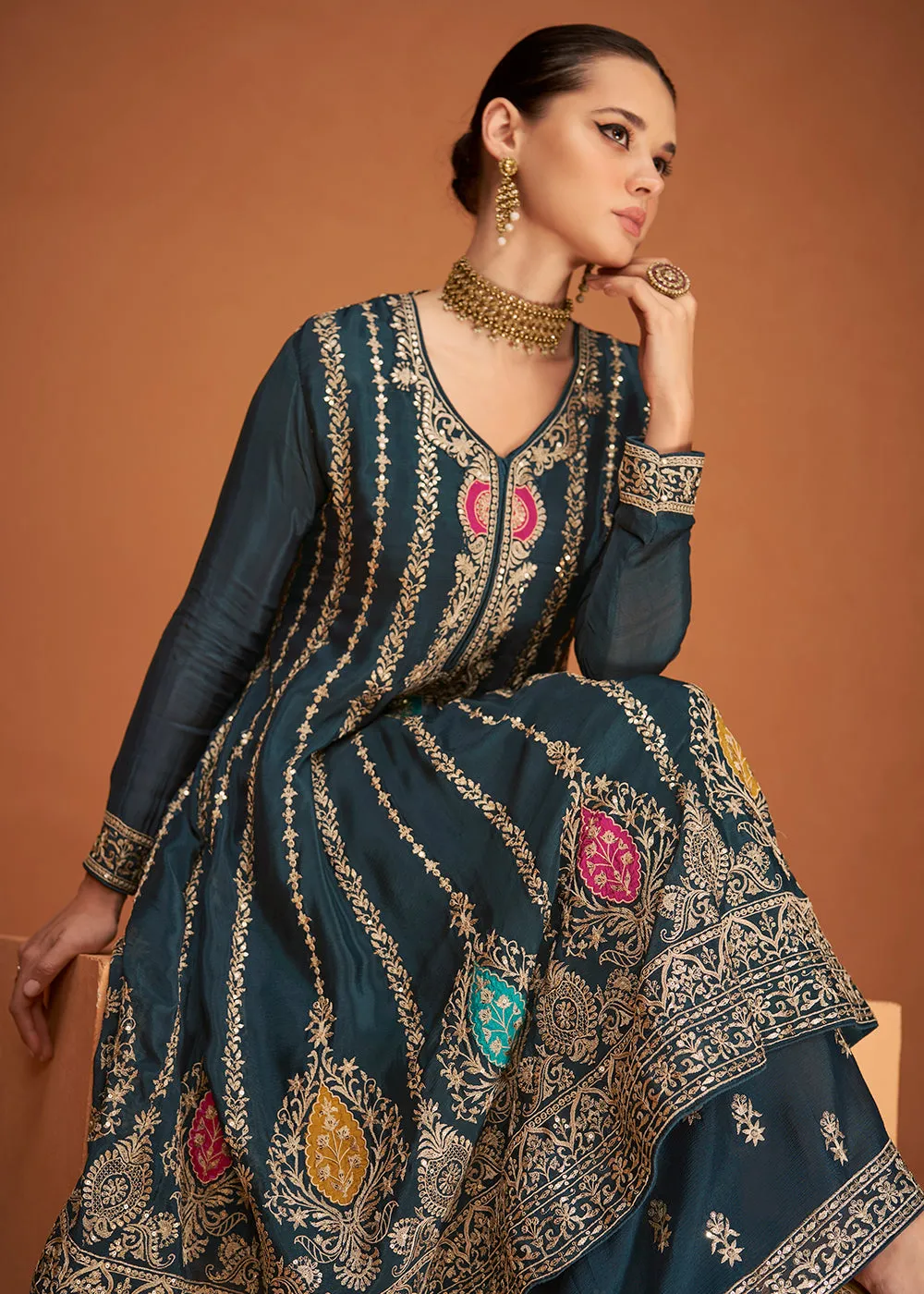 Festive Party Turquoise Blue Embroidered Chinon Silk Sharara Suit