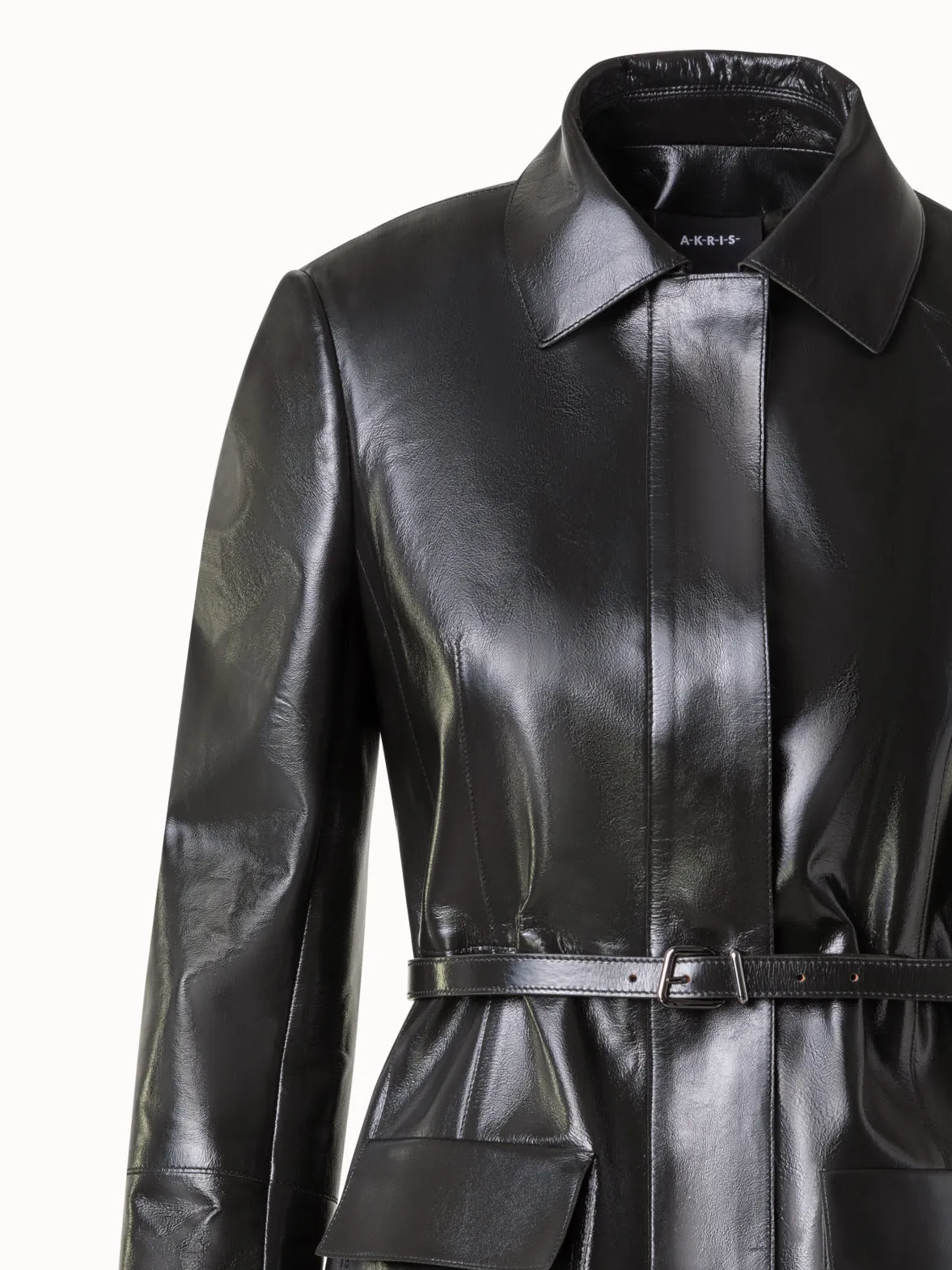 Fitted Leather Jacket with Belt in Lacquer Leather