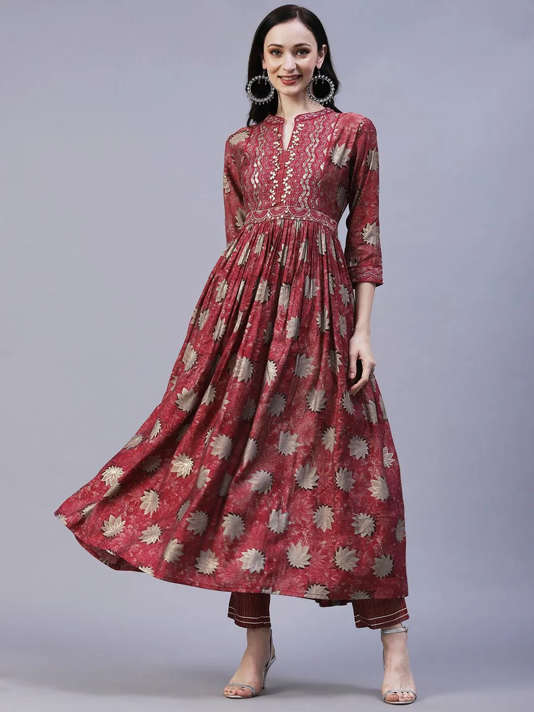 Floral Printed Leather & Resham Embroidered Gathered Kurta With Pants - Maroon