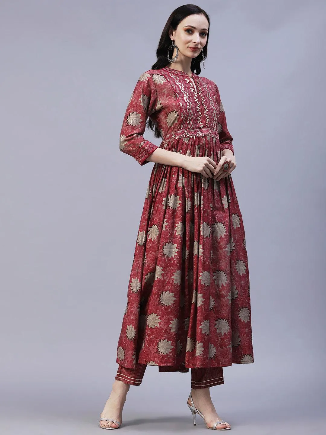 Floral Printed Leather & Resham Embroidered Gathered Kurta With Pants - Maroon