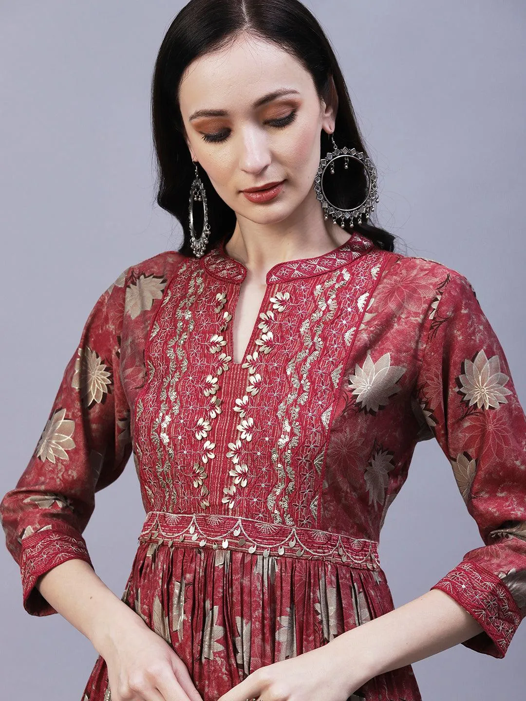 Floral Printed Leather & Resham Embroidered Gathered Kurta With Pants - Maroon