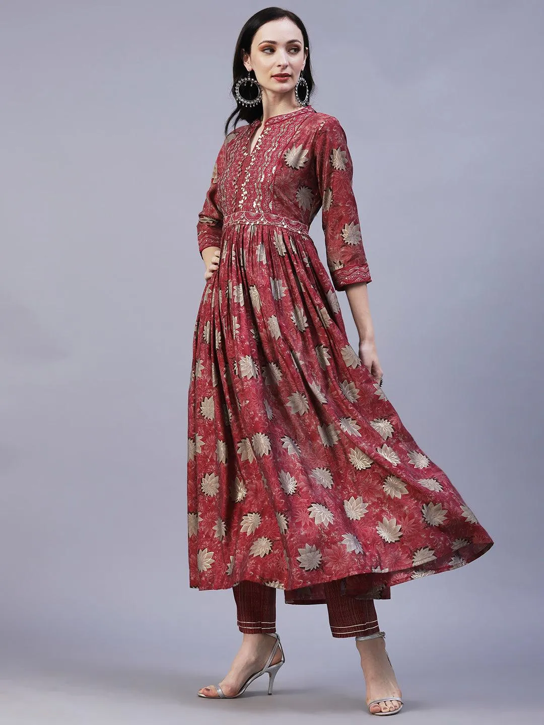 Floral Printed Leather & Resham Embroidered Gathered Kurta With Pants - Maroon