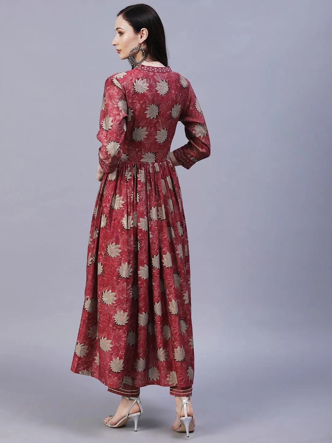 Floral Printed Leather & Resham Embroidered Gathered Kurta With Pants - Maroon