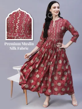 Floral Printed Leather & Resham Embroidered Gathered Kurta With Pants - Maroon