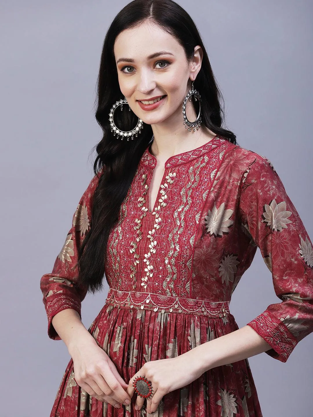 Floral Printed Leather & Resham Embroidered Gathered Kurta With Pants - Maroon