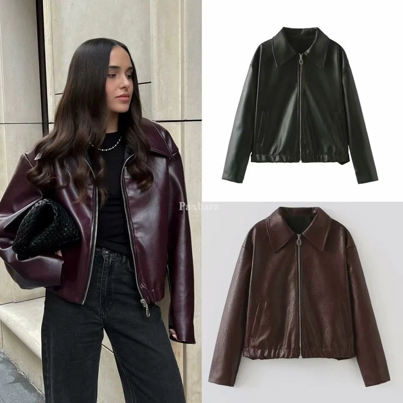 Flytonnshop fall outfits women 23218 Women's Retro Lapel Zipper Leather Jacket American Casual Leather Coat Women