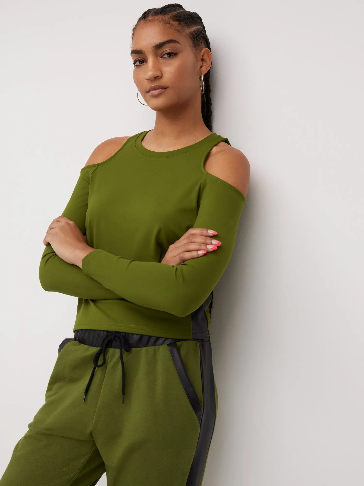 French Terry Faux-Leather Panel Cold-Shoulder Top