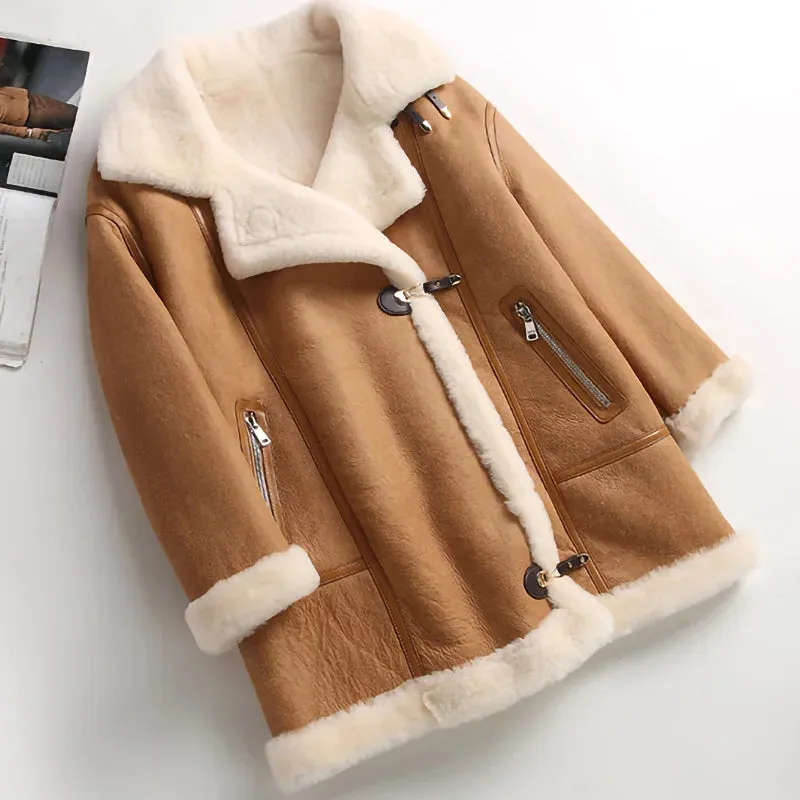 Genuine Leather Ladies Sheepskin Shearling Leather Coat (Camel/Beige)