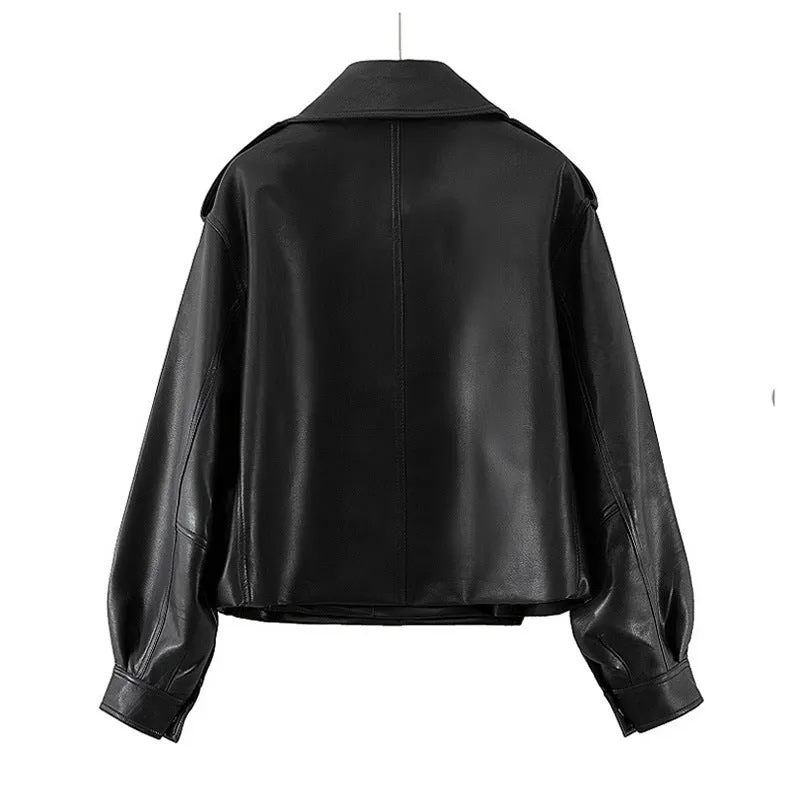 Girlary-shop barn jacket outfits Women's Loose Short Lapel PU Leather Jacket 2024 Autumn New Korean Style Motorcycle Leather Jacket