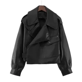 Girlary-shop barn jacket outfits Women's Loose Short Lapel PU Leather Jacket 2024 Autumn New Korean Style Motorcycle Leather Jacket