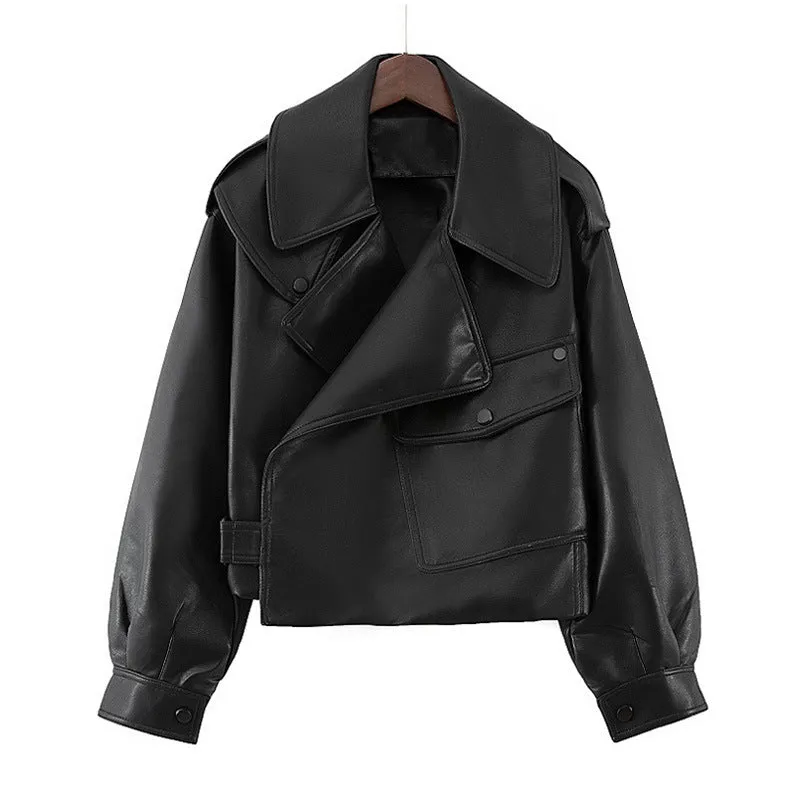 Girlary-shop barn jacket outfits Women's Loose Short Lapel PU Leather Jacket 2024 Autumn New Korean Style Motorcycle Leather Jacket