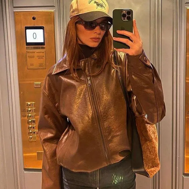 Girlary-shop fall outfits 2024 American Retro Maillard Ins Blogger Kendou Same Style Brown PU Leather Coat Female Hot Girl Motorcycle Jacket