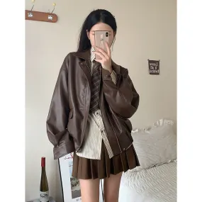 Girlary-shop fall outfits 2024 Maillard Leather Jacket Women's Men's and Women's Same Spring and Autumn Small Brown American Retro Motorcycle Short Leather Jacket