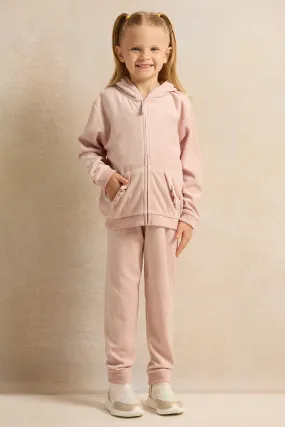 Girls Pink Velvet Zip-Through Hooded Jog Set (2 Piece)