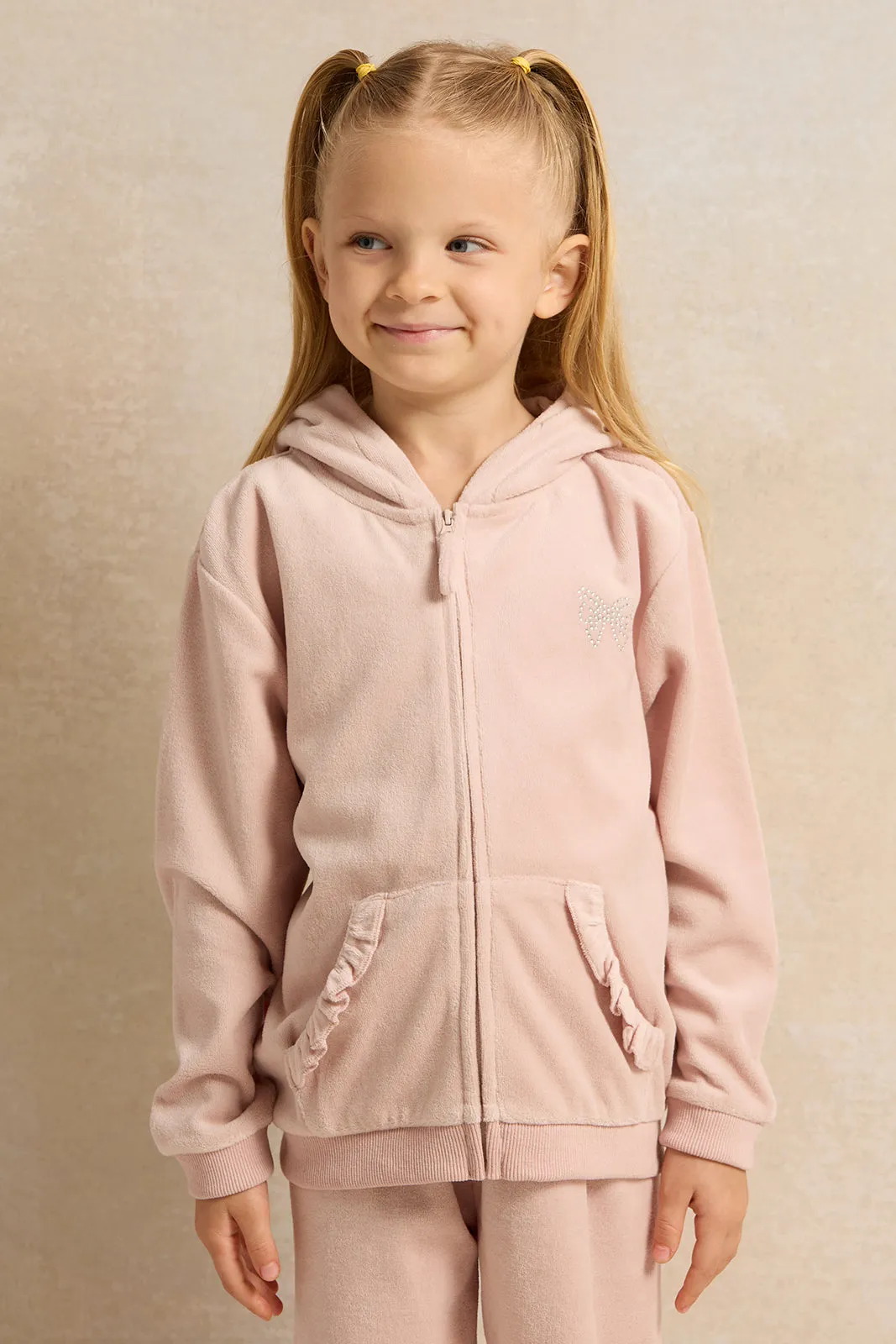 Girls Pink Velvet Zip-Through Hooded Jog Set (2 Piece)