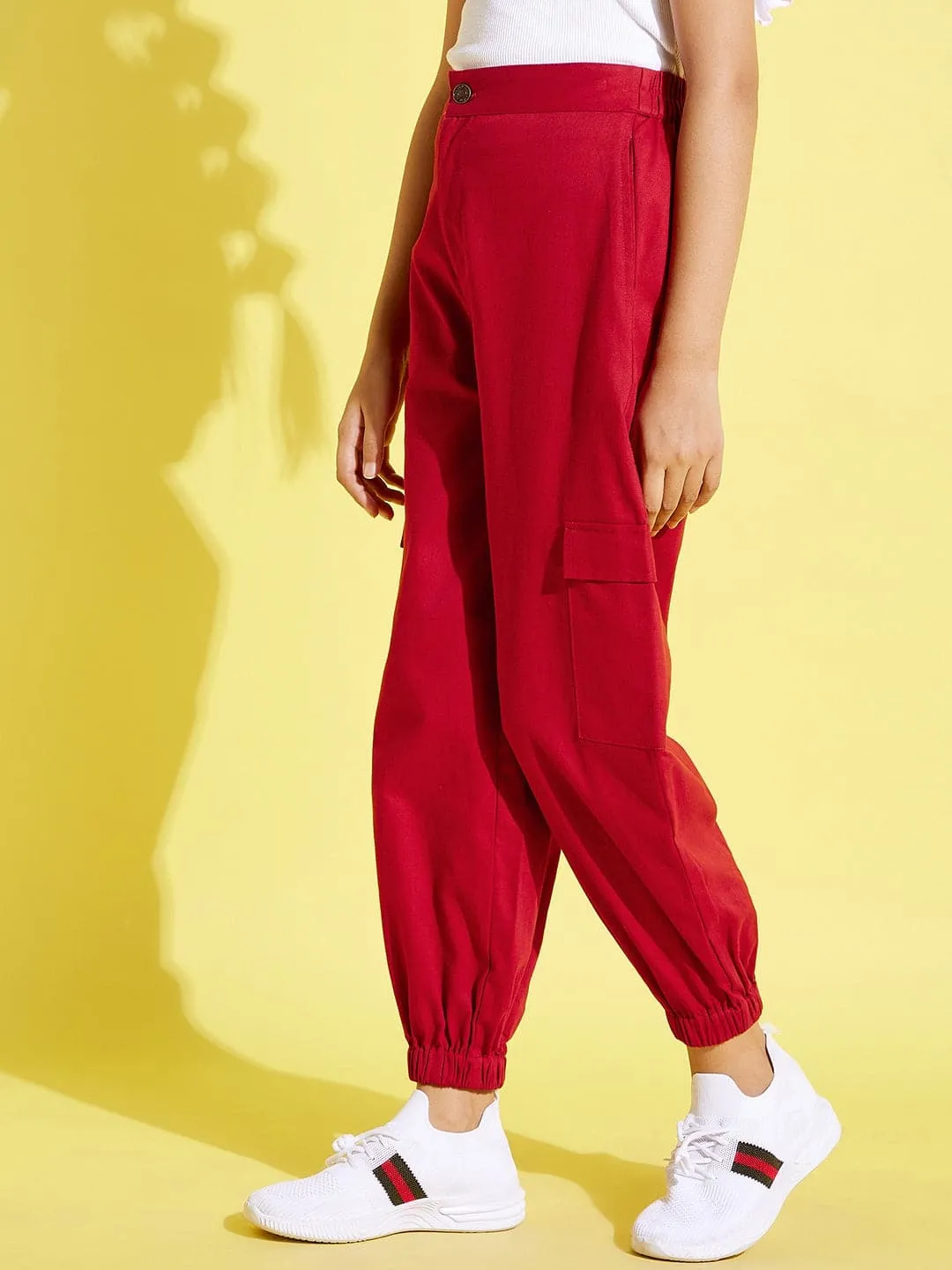 Girls Red Side Patch Pocket Twill Joggers