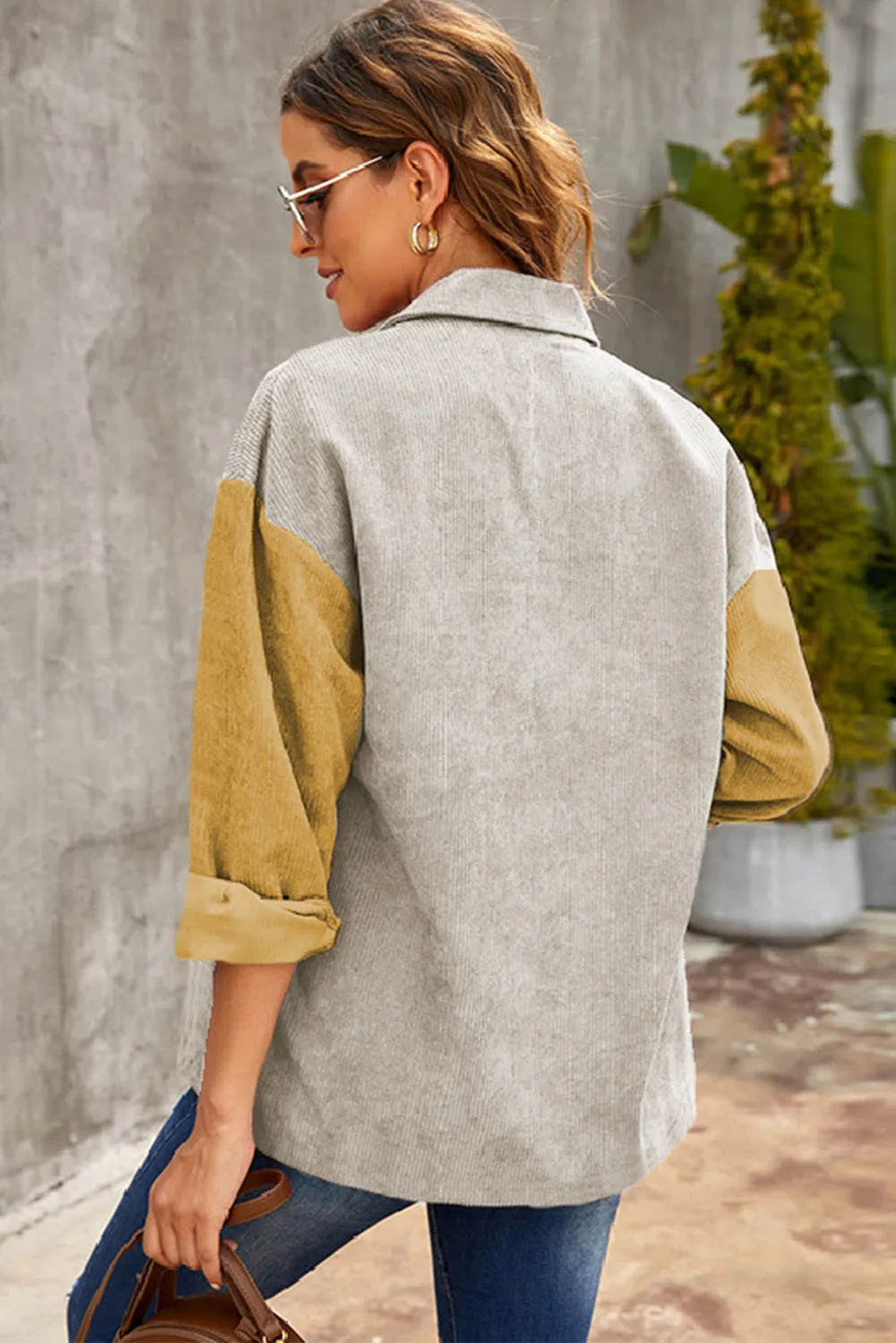 Gray Buttoned Color Block Corduroy Jacket