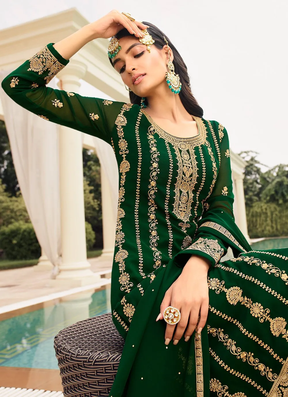 Green & Gold Embroidered Sequins Sharara Suit