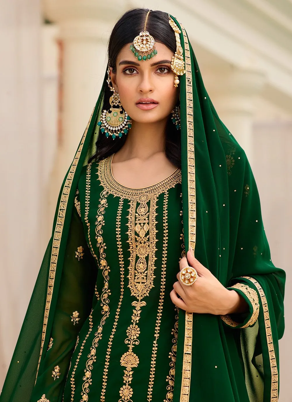 Green & Gold Embroidered Sequins Sharara Suit