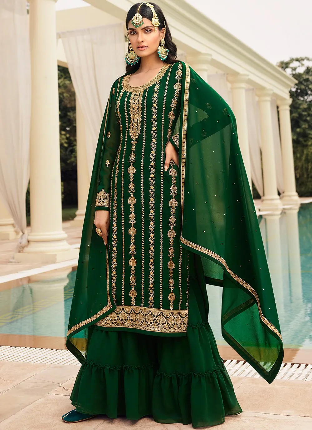 Green & Gold Embroidered Sequins Sharara Suit