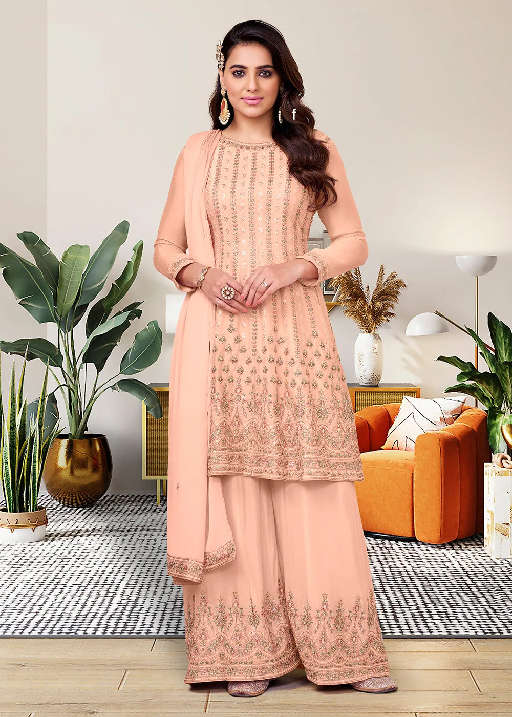 Heavy Chinon Gorgeous Peach Festive Look Palazzo Salwar Suit