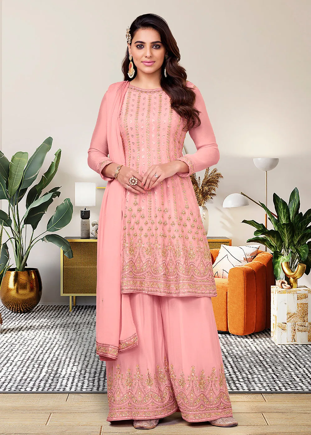 Heavy Chinon Gorgeous Pink Festive Look Palazzo Salwar Suit