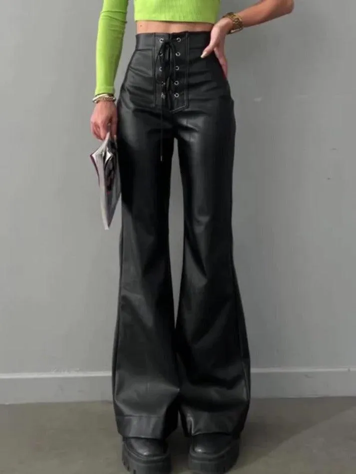 High Rise Tie Front Flared Leather Pants