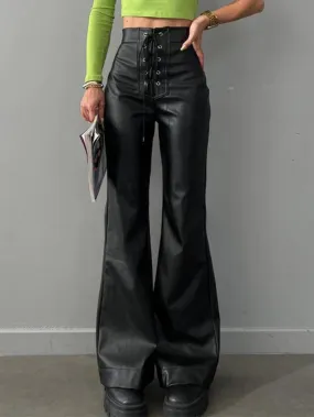 High Rise Tie Front Flared Leather Pants