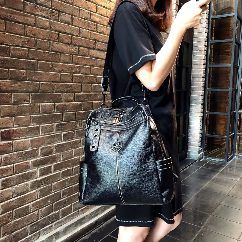 High Sense Leather Backpackage Bag Female  New Fashion All-Match Soft Leather Genuine Leather Large Capacity Dual-Use Backpack Summer