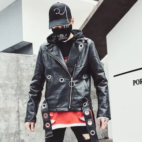 Hip Hop Style Metal Ring Rivet and Zipper Detail Men Faux Leather Jacket