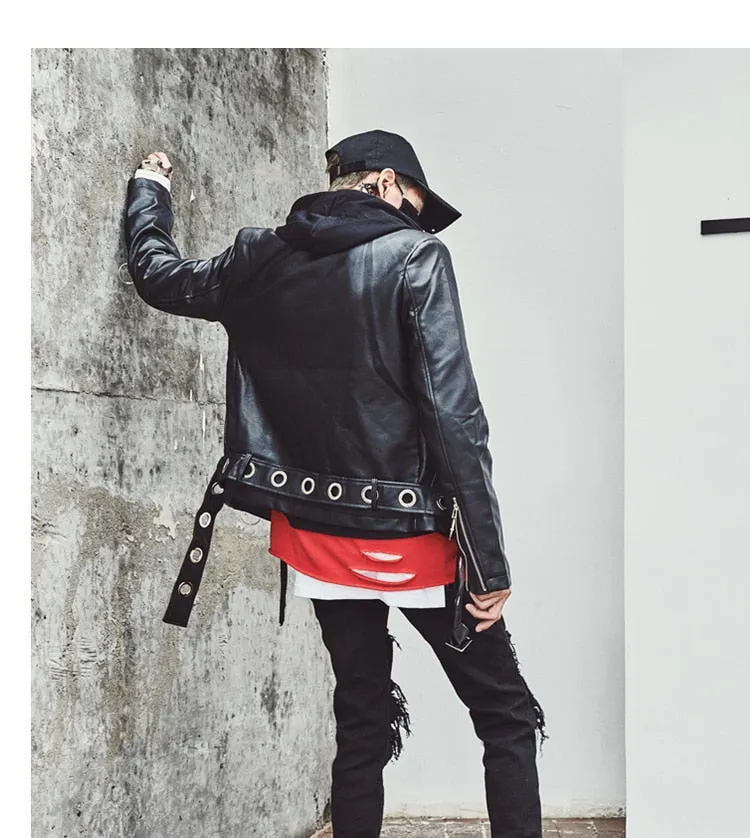 Hip Hop Style Metal Ring Rivet and Zipper Detail Men Faux Leather Jacket