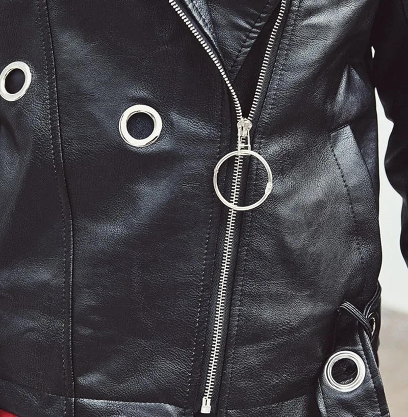 Hip Hop Style Metal Ring Rivet and Zipper Detail Men Faux Leather Jacket