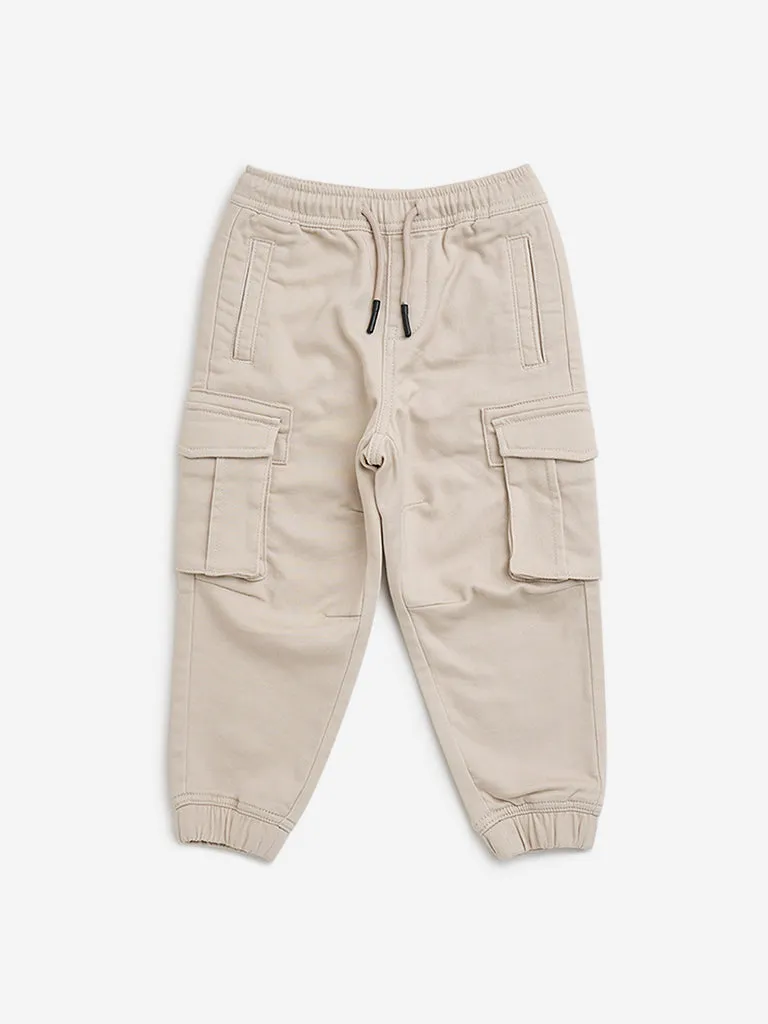 HOP Kids Beige Cargo-Style Mid-Rise Cotton Blend Joggers