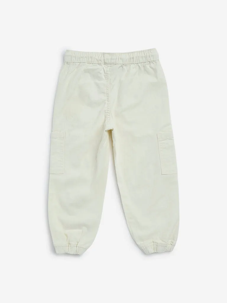 HOP Kids Off-White Mid-Rise Cotton Blend Cargo Joggers